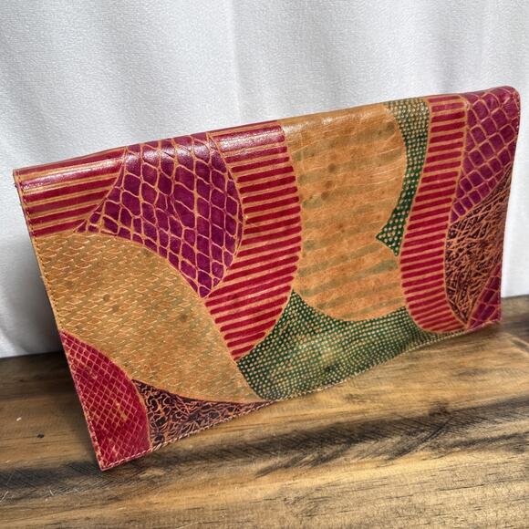 Vintage Leather Patchwork Clutch Envelope Purse Made In India 1980s 1970s Boho - Picture 8 of 9